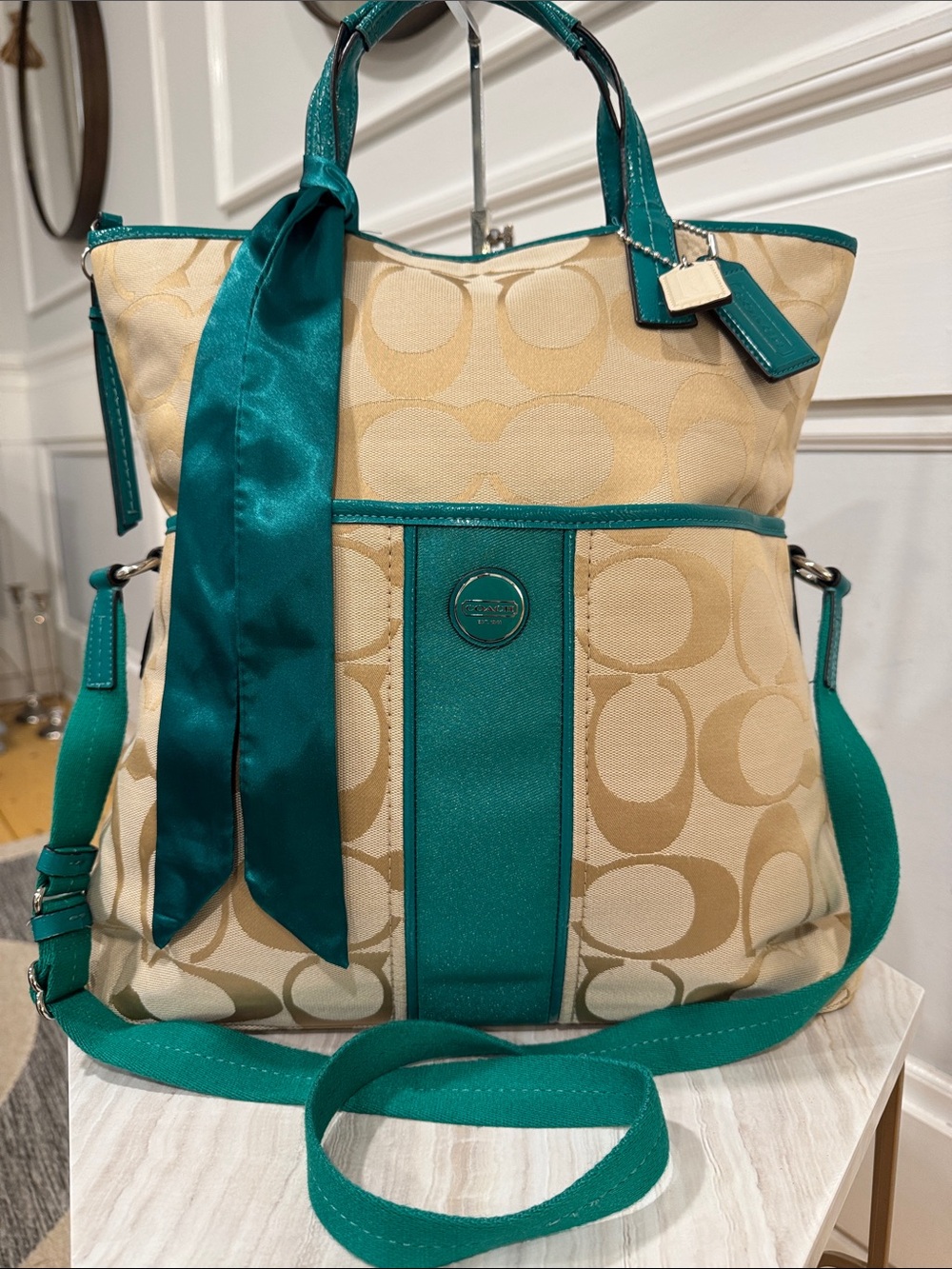 Coach Bag Oversized Signature Green Tan Stripe Foldover Tote EUC RARE - Picture 3 of 17